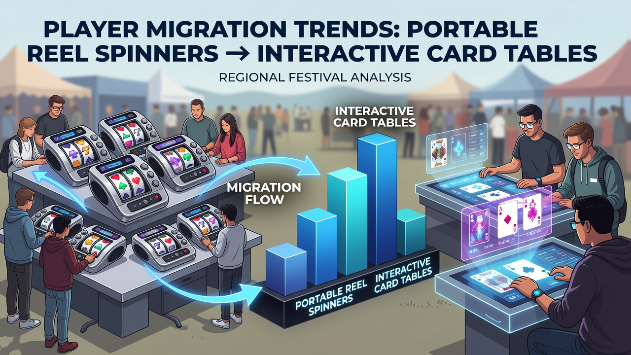 Mobile devices showing reel spinner interfaces alongside crowded interactive card table setups at an outdoor festival