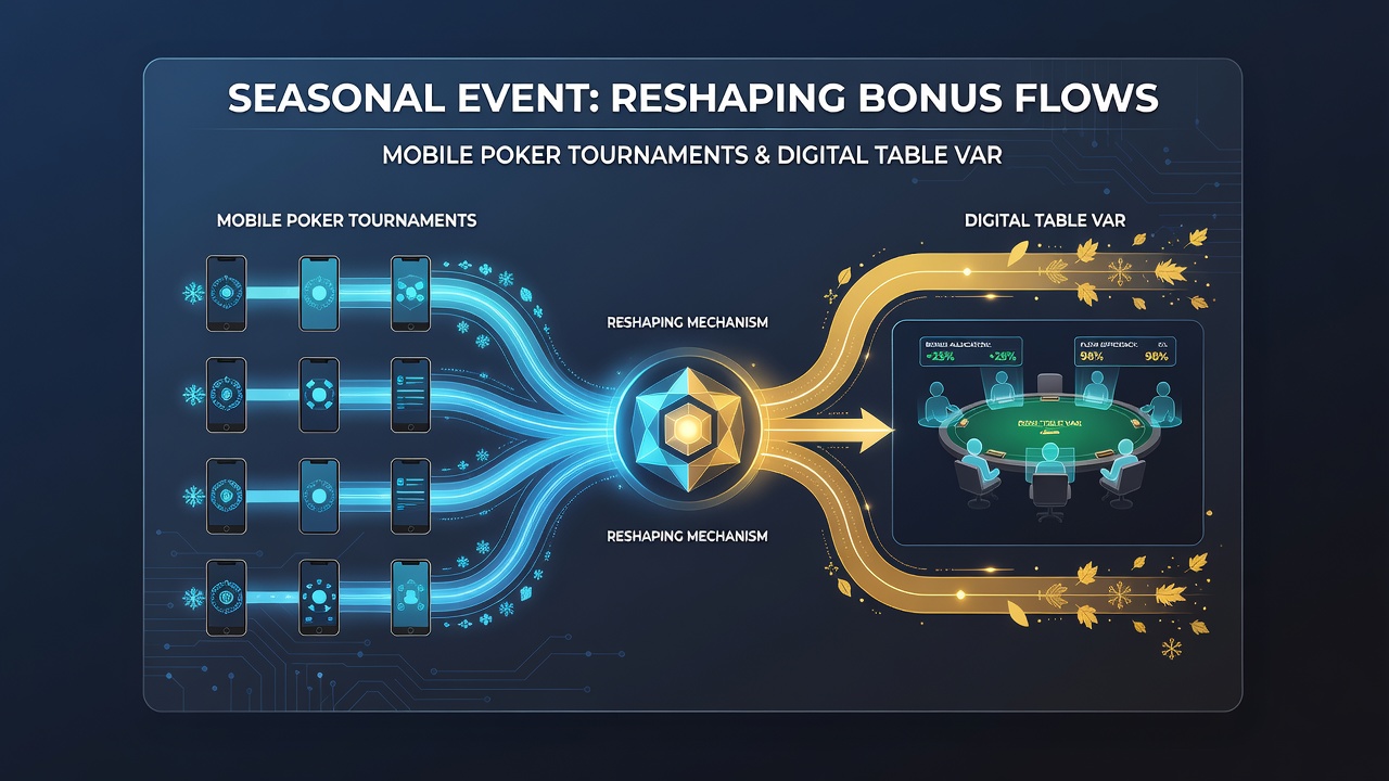 Analytics dashboard displaying bonus flow metrics between poker tournaments and digital table variants during seasonal periods