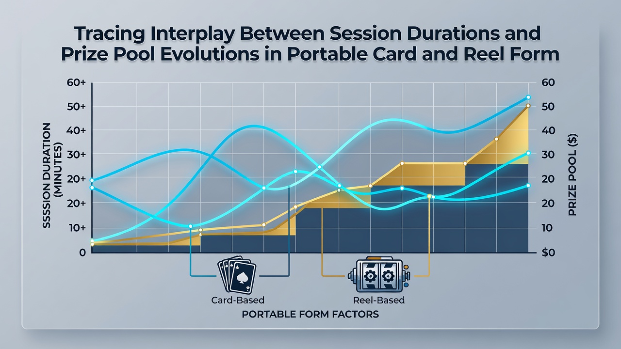 Data visualization of session length versus prize pool growth curves across card and reel mobile games